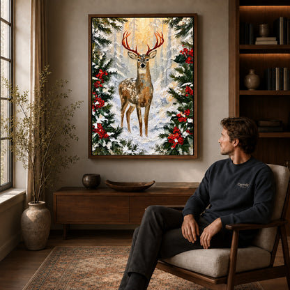 winter holly deer canvas art in a walnut frame above a console beside a seated man.