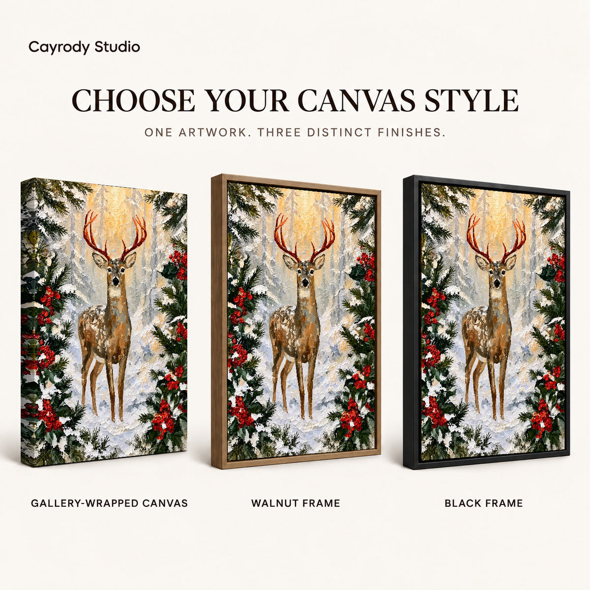 winter holly deer canvas art compared across gallery-wrapped canvas, walnut frame, and black frame finishes.