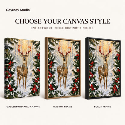 winter holly deer canvas art compared across gallery-wrapped canvas, walnut frame, and black frame finishes.
