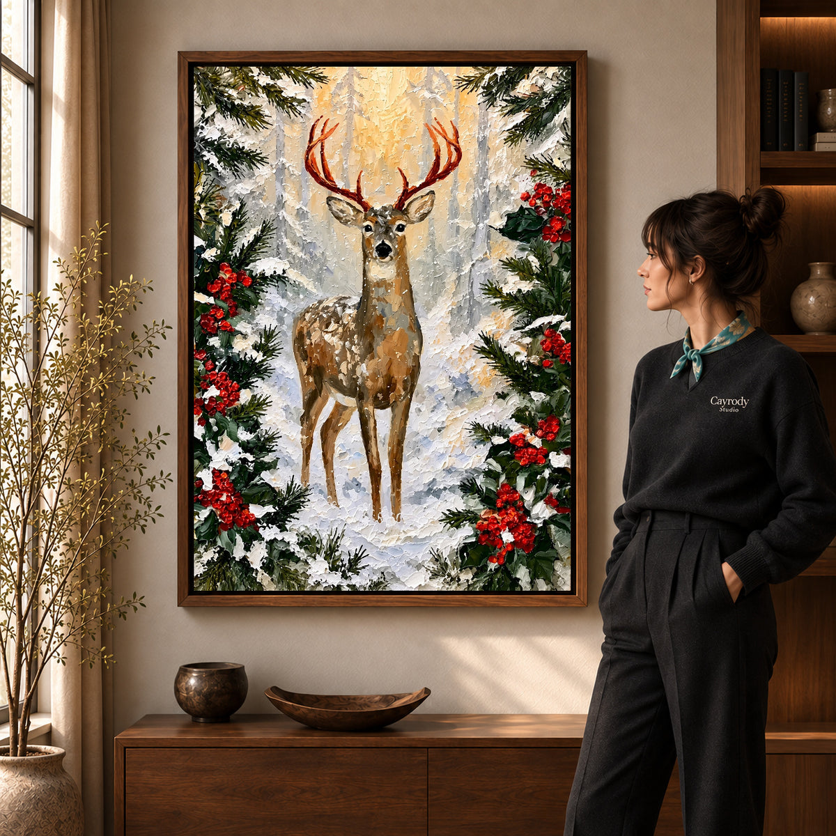 winter holly deer canvas art shown in the walnut frame option within a warm living room.