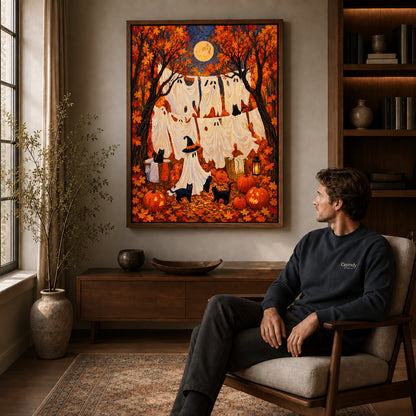 autumn ghost laundry canvas art in a walnut frame above a console beside a seated man.
