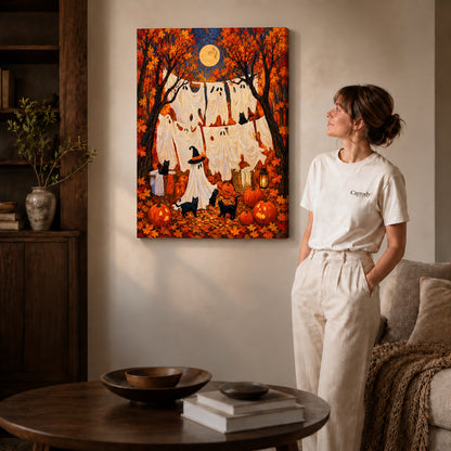autumn ghost laundry canvas art on gallery-wrapped canvas with natural edge shading beside a standing woman.