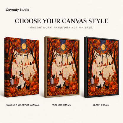 autumn ghost laundry canvas art compared across gallery-wrapped canvas, walnut frame, and black frame finishes.
