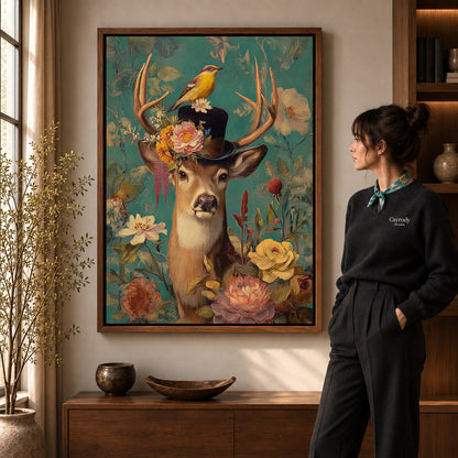botanical top hat deer canvas art in a walnut frame beside a standing woman and wooden console.