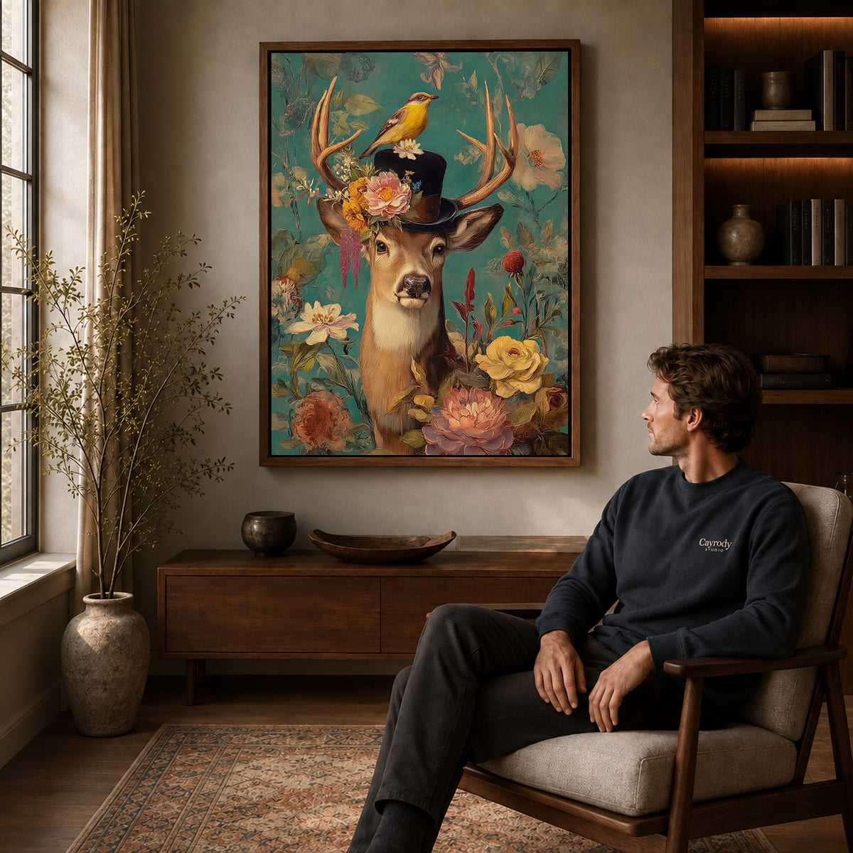 botanical top hat deer canvas art in a walnut frame above a console beside a seated man.
