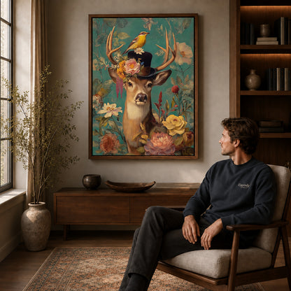 botanical top hat deer canvas art in a walnut frame above a console beside a seated man.