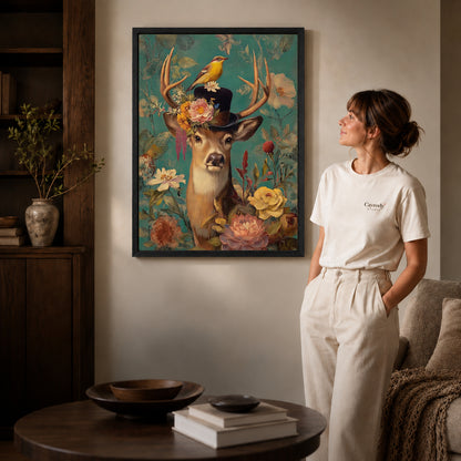 botanical top hat deer canvas art in a black frame beside a woman and round wooden table.