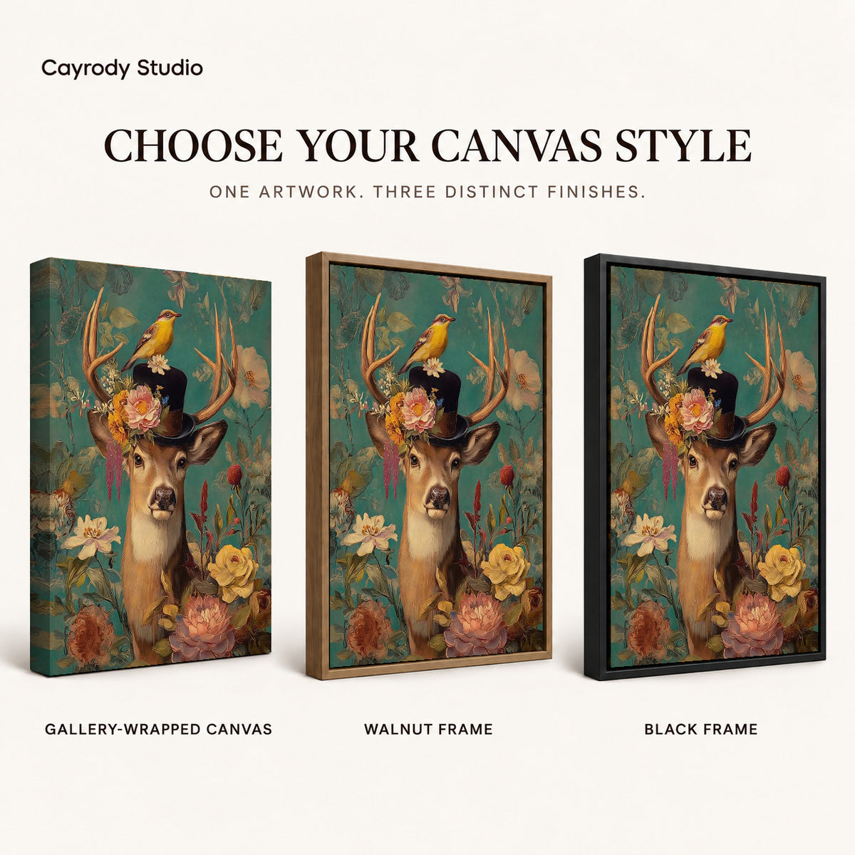 botanical top hat deer canvas art compared across gallery-wrapped canvas, walnut frame, and black frame finishes.