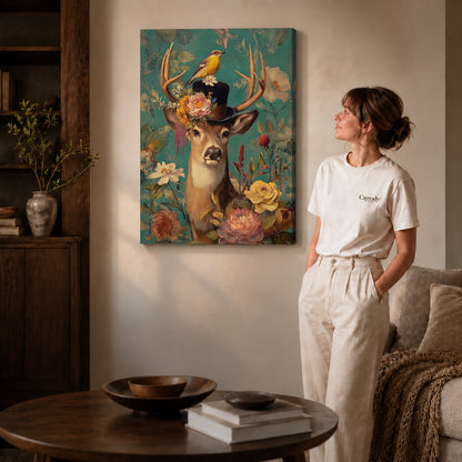botanical top hat deer canvas art shown in the gallery-wrapped option with visible depth and warm surroundings.