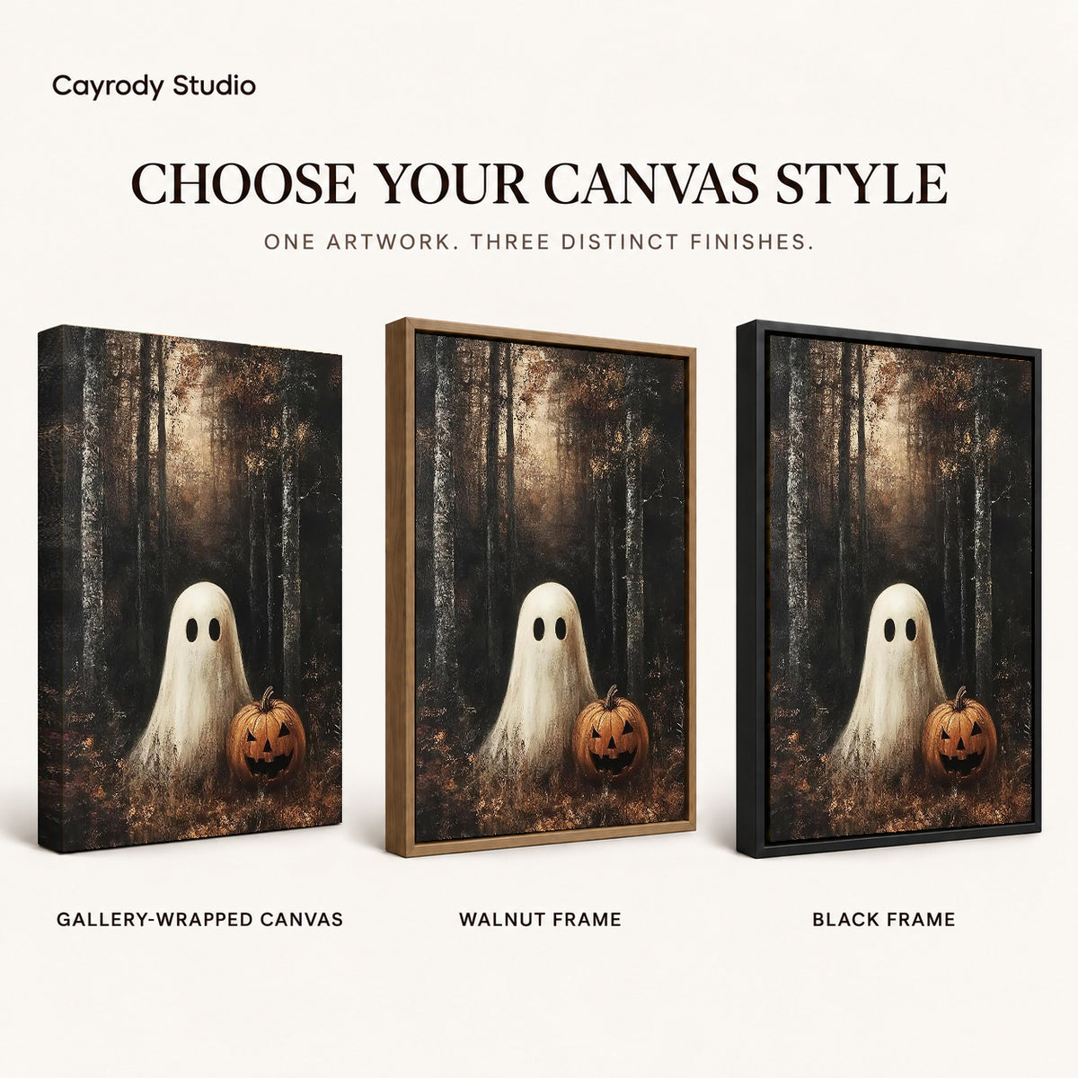 woodland pumpkin ghost canvas art compared across gallery-wrapped canvas, walnut frame, and black frame finishes.