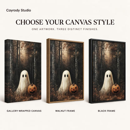 woodland pumpkin ghost canvas art compared across gallery-wrapped canvas, walnut frame, and black frame finishes.