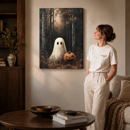 woodland pumpkin ghost canvas art shown in the gallery-wrapped option with visible depth and warm surroundings.