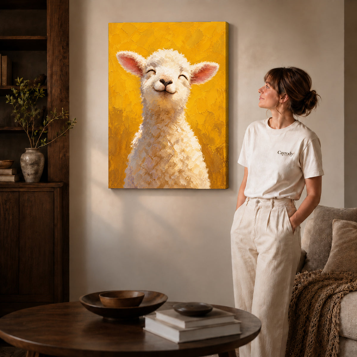 smiling golden lamb canvas art on gallery-wrapped canvas with natural edge shading beside a standing woman.