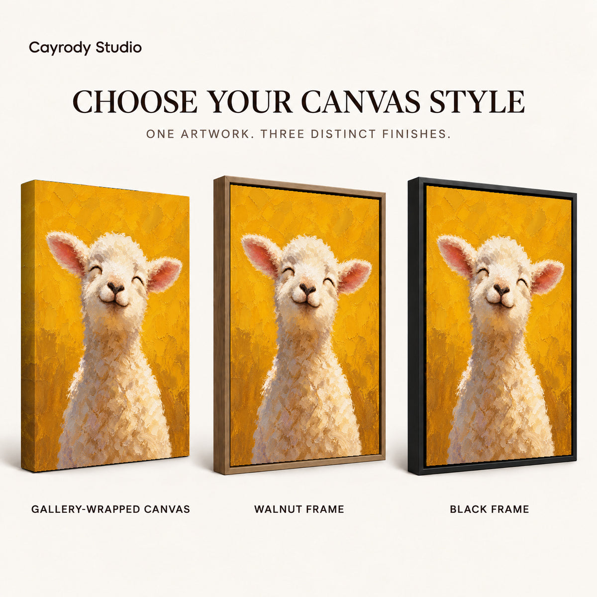smiling golden lamb canvas art compared across gallery-wrapped canvas, walnut frame, and black frame finishes.
