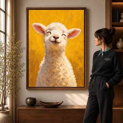 smiling golden lamb canvas art shown in the walnut frame option within a warm living room.