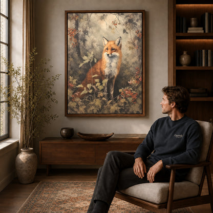 autumn woodland fox canvas art in a walnut frame above a console beside a seated man.