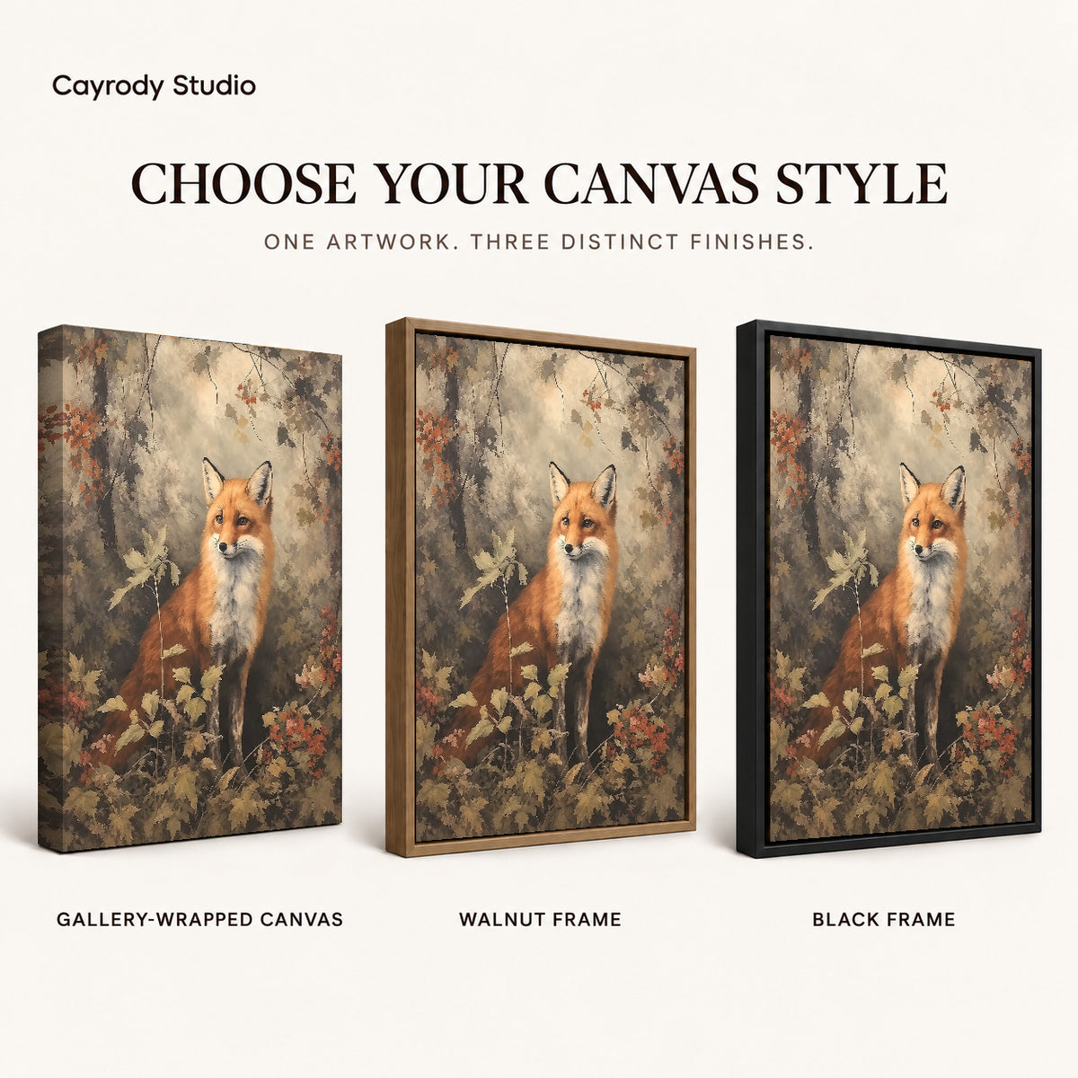 autumn woodland fox canvas art compared across gallery-wrapped canvas, walnut frame, and black frame finishes.