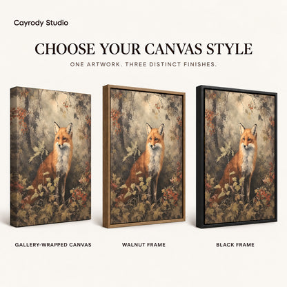 autumn woodland fox canvas art compared across gallery-wrapped canvas, walnut frame, and black frame finishes.