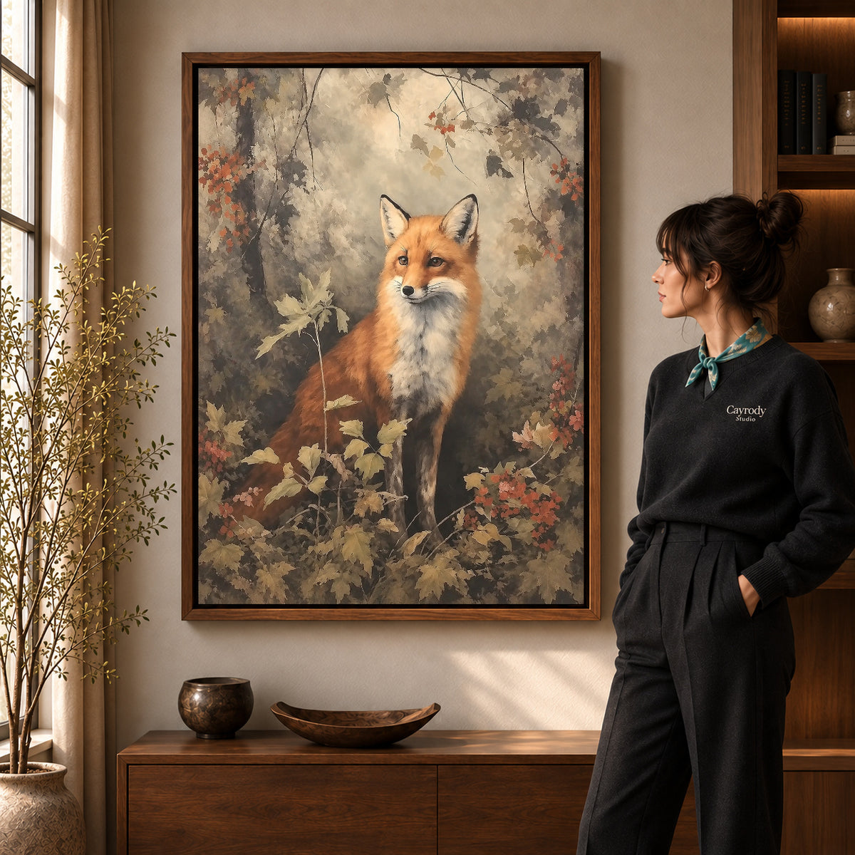 autumn woodland fox canvas art shown in the walnut frame option within a warm living room.