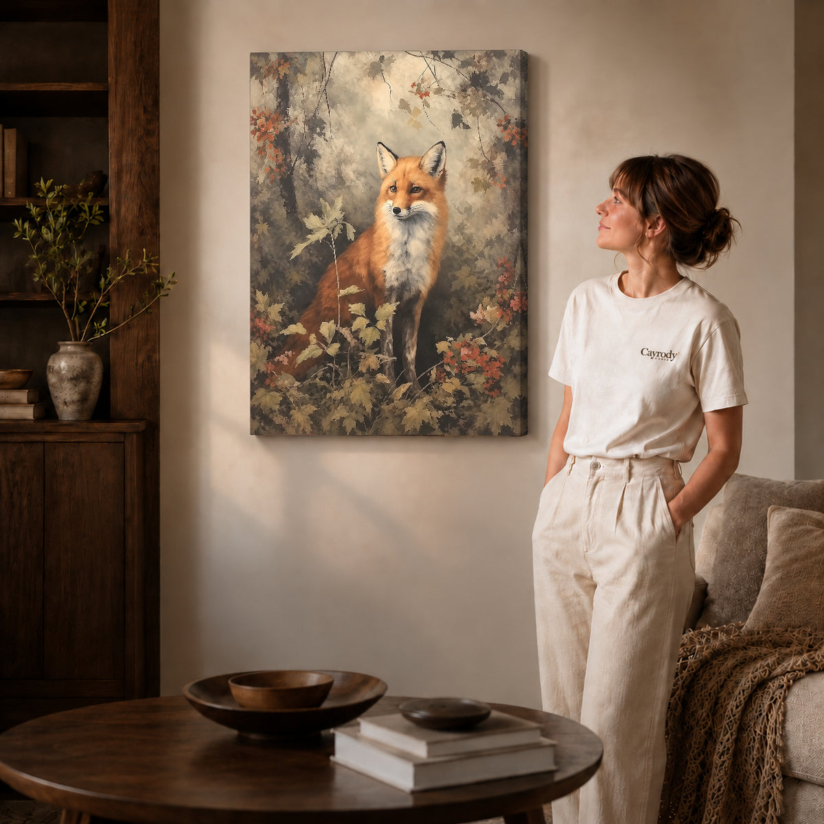 autumn woodland fox canvas art shown in the gallery-wrapped option with visible depth and warm surroundings.