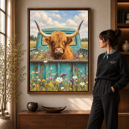highland cow pickup canvas art in a walnut frame beside a standing woman and wooden console.