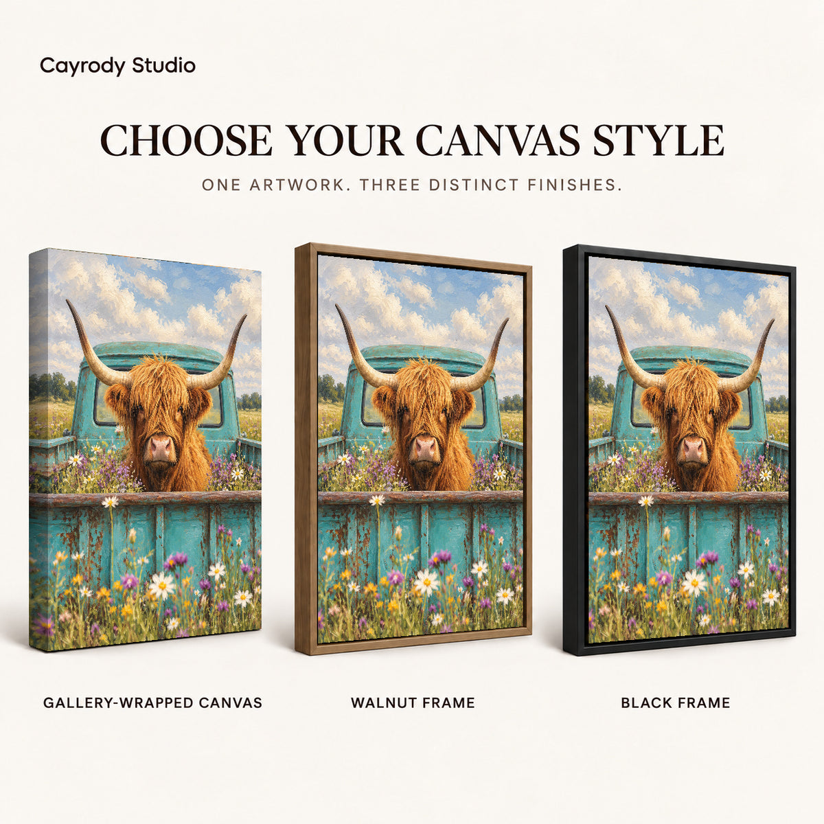 highland cow pickup canvas art compared across gallery-wrapped canvas, walnut frame, and black frame finishes.