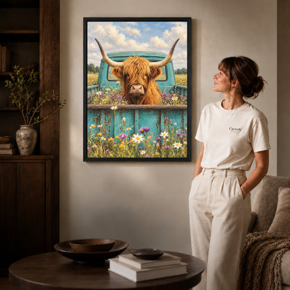 highland cow pickup canvas art shown in the black frame option against a softly lit wall.