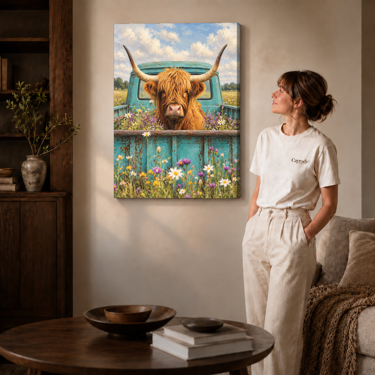 highland cow pickup canvas art shown in the gallery-wrapped option with visible depth and warm surroundings.
