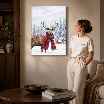 snowy scarf deer canvas art on gallery-wrapped canvas with natural edge shading beside a standing woman.