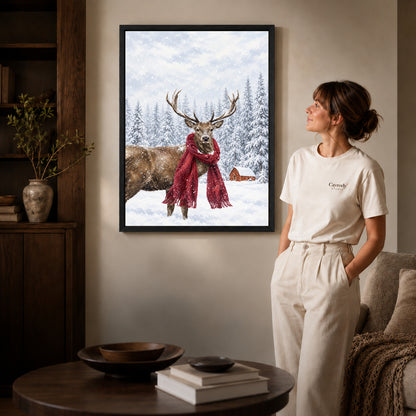 snowy scarf deer canvas art in a black frame beside a woman and round wooden table.
