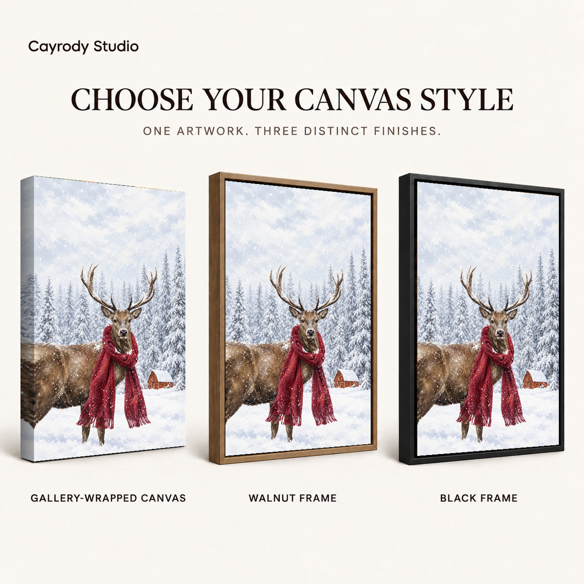 snowy scarf deer canvas art compared across gallery-wrapped canvas, walnut frame, and black frame finishes.