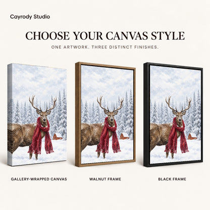 snowy scarf deer canvas art compared across gallery-wrapped canvas, walnut frame, and black frame finishes.