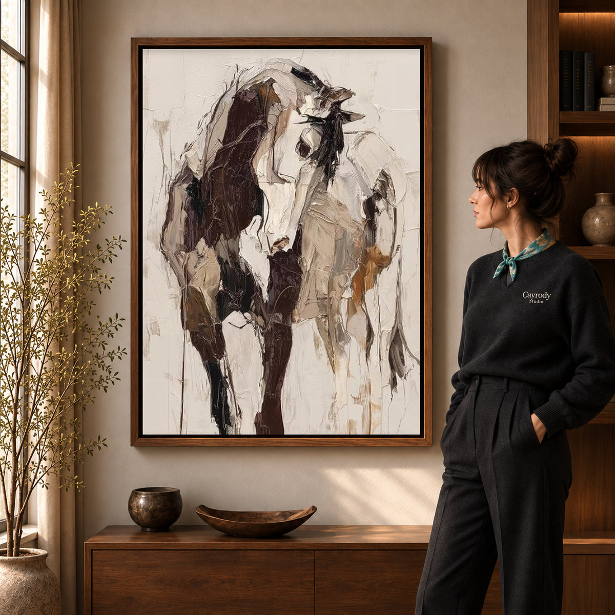 expressive abstract cow canvas art in a walnut frame beside a standing woman and wooden console.