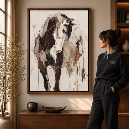 expressive abstract cow canvas art in a walnut frame beside a standing woman and wooden console.