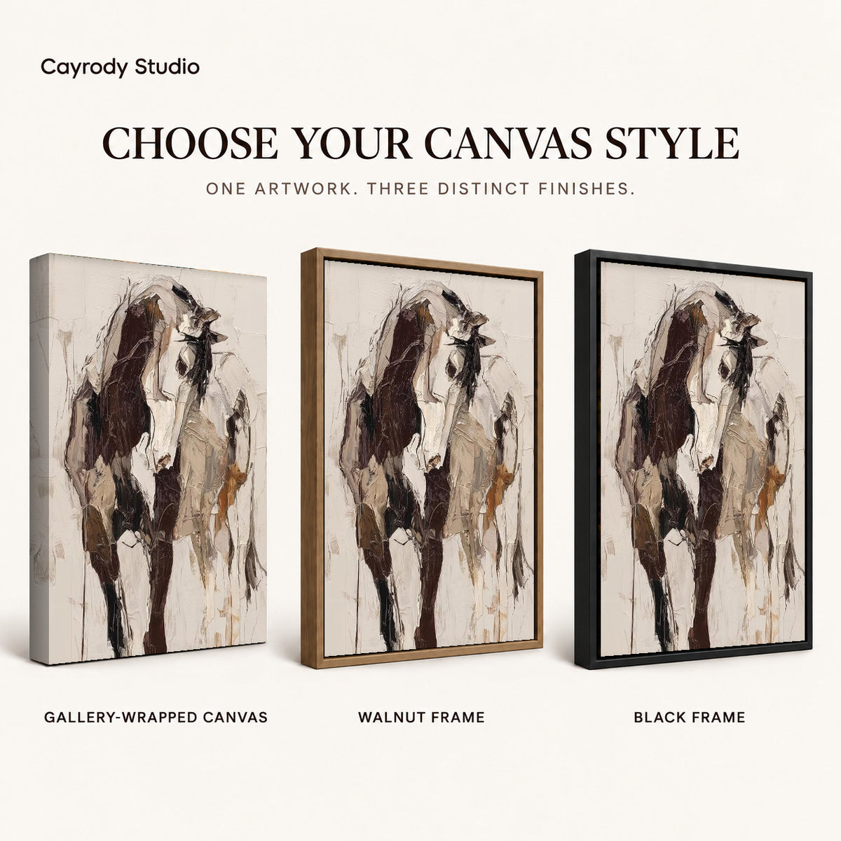expressive abstract cow canvas art compared across gallery-wrapped canvas, walnut frame, and black frame finishes.