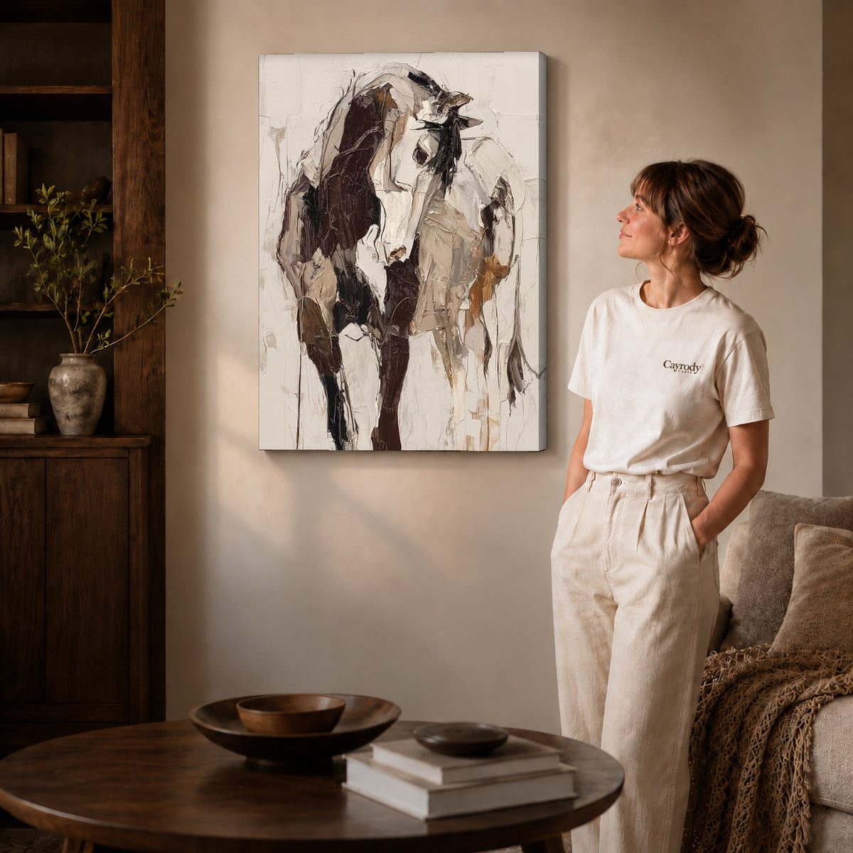 expressive abstract cow canvas art shown in the gallery-wrapped option with visible depth and warm surroundings.