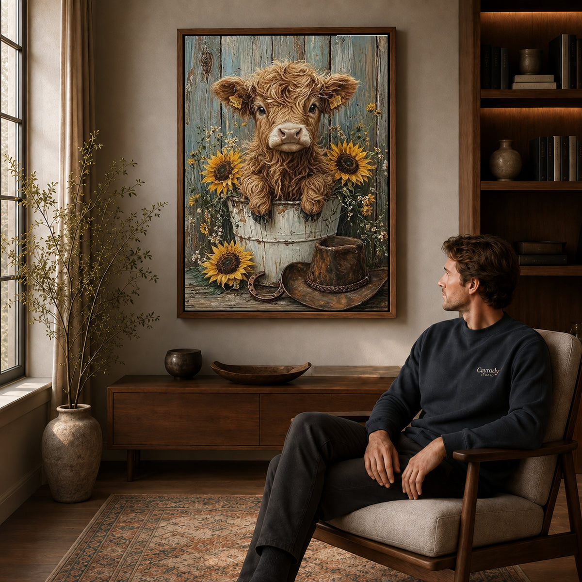 sunflower calf companion canvas art in a walnut frame above a console beside a seated man.