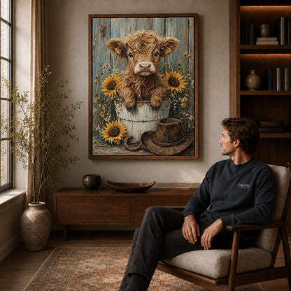 sunflower calf companion canvas art in a walnut frame above a console beside a seated man.