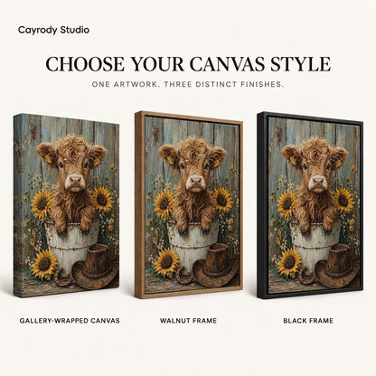 sunflower calf companion canvas art compared across gallery-wrapped canvas, walnut frame, and black frame finishes.