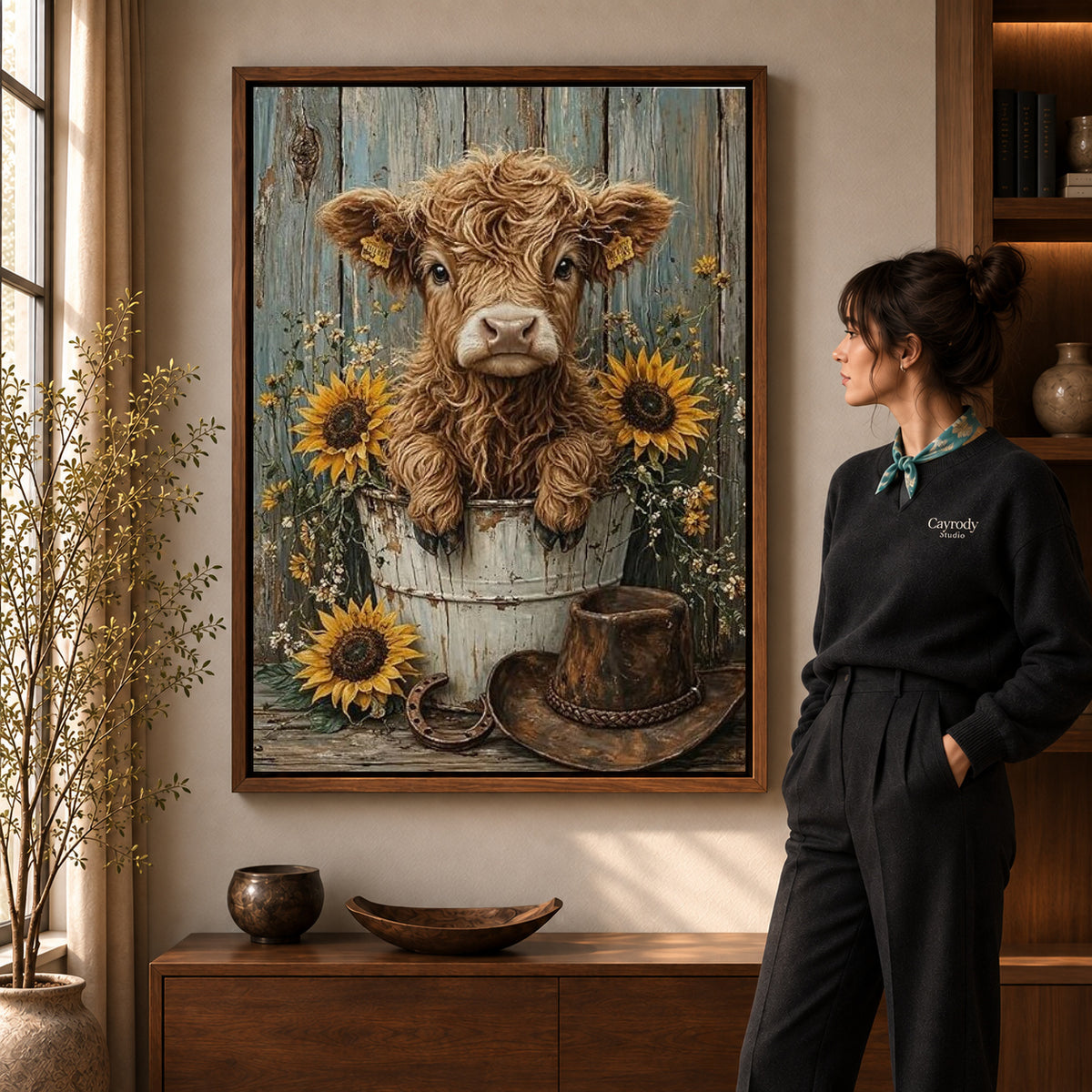 sunflower calf companion canvas art shown in the walnut frame option within a warm living room.
