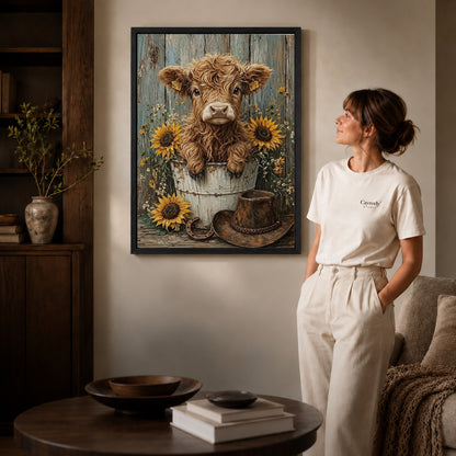 sunflower calf companion canvas art shown in the black frame option against a softly lit wall.