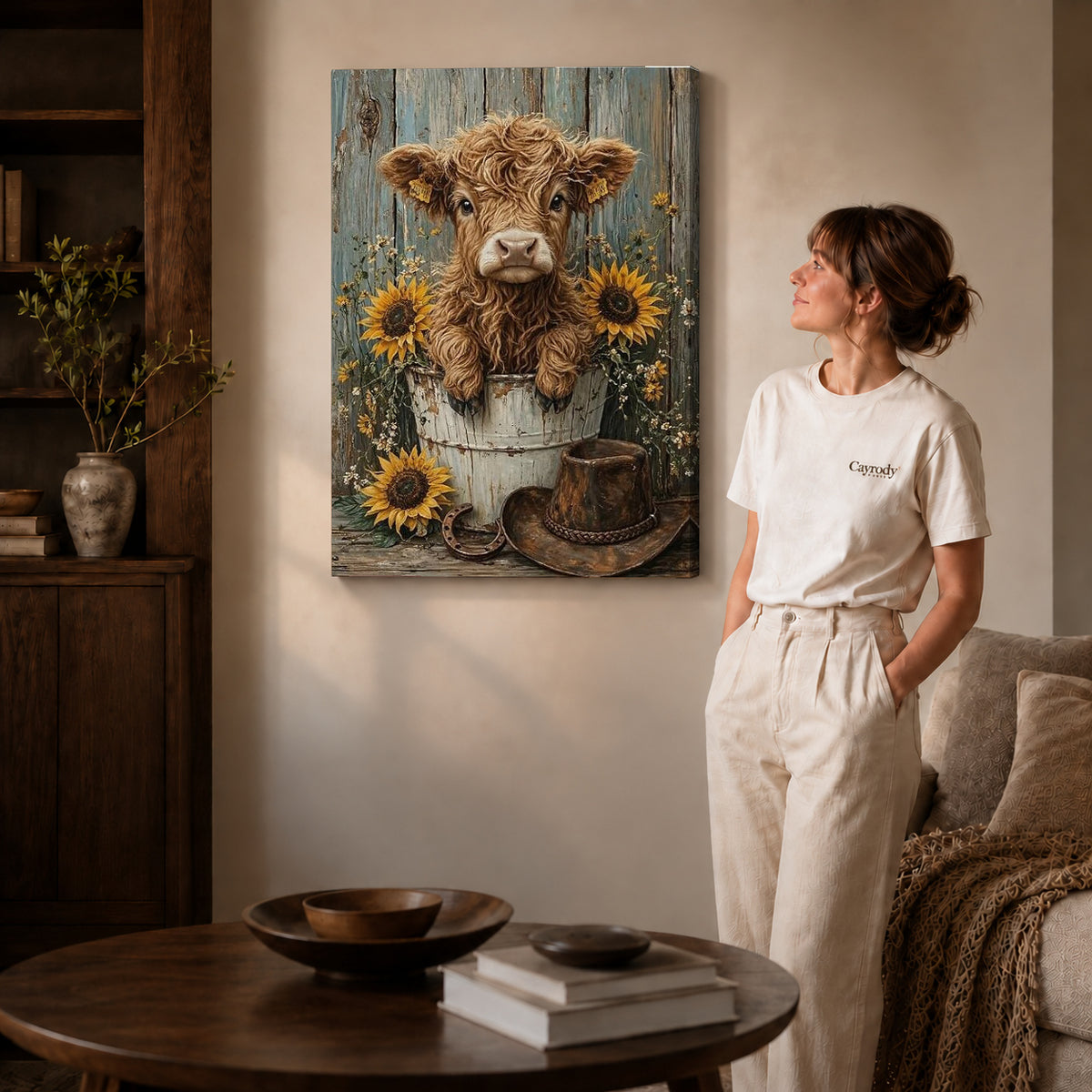 sunflower calf companion canvas art shown in the gallery-wrapped option with visible depth and warm surroundings.