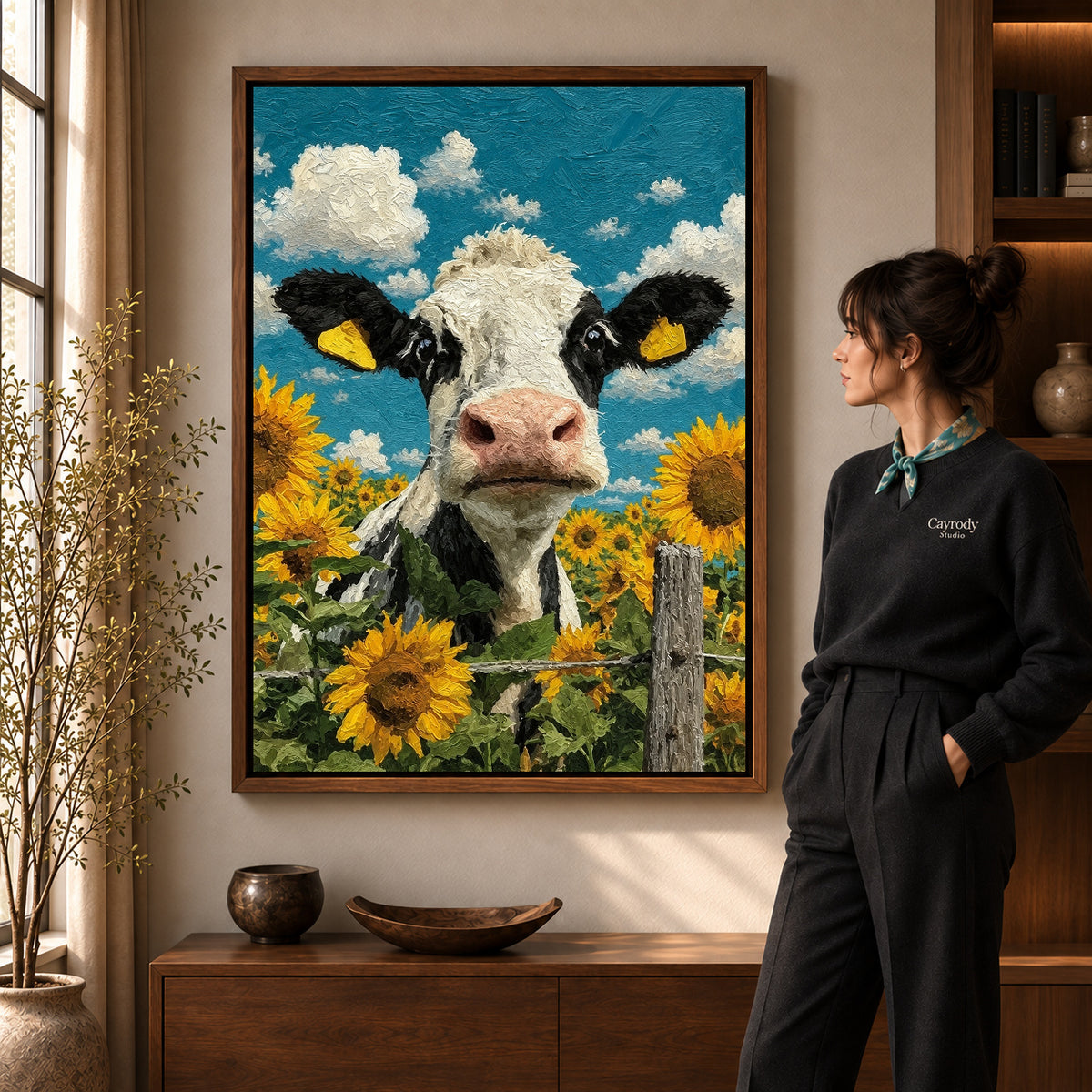 sunflower cow portrait canvas art in a walnut frame beside a standing woman and wooden console.