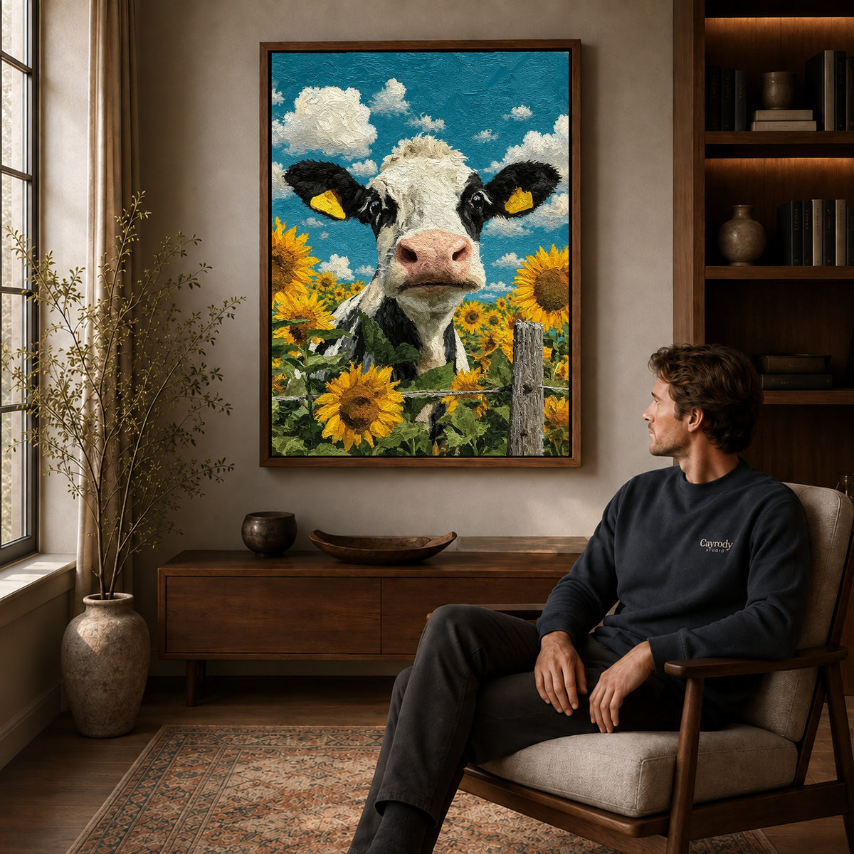 sunflower cow portrait canvas art in a walnut frame above a console beside a seated man.