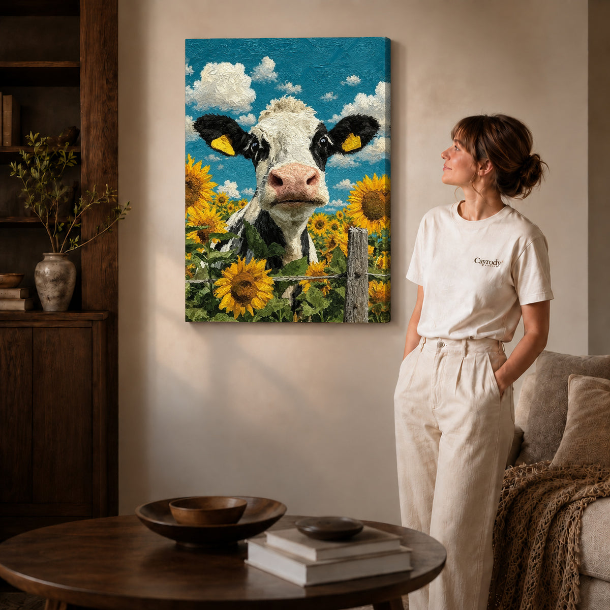 sunflower cow portrait canvas art on gallery-wrapped canvas with natural edge shading beside a standing woman.