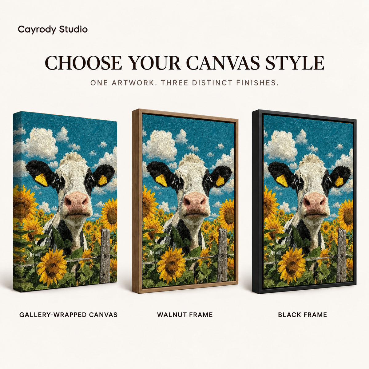 sunflower cow portrait canvas art compared across gallery-wrapped canvas, walnut frame, and black frame finishes.