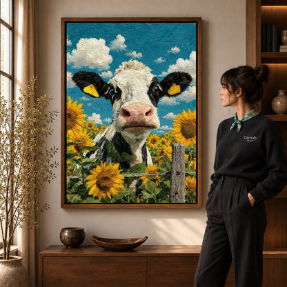 sunflower cow portrait canvas art shown in the walnut frame option within a warm living room.