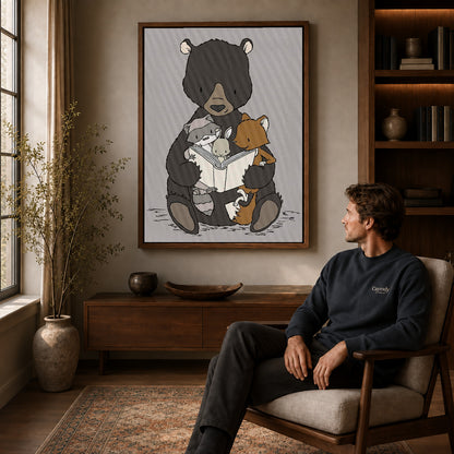 woodland storytime friends canvas art in a walnut frame above a console beside a seated man.