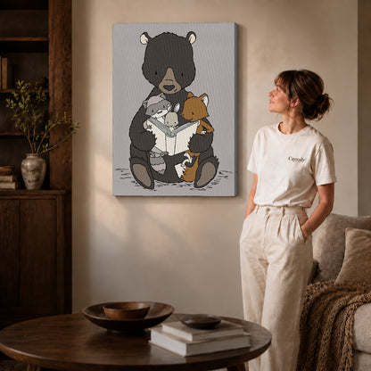 woodland storytime friends canvas art on gallery-wrapped canvas with natural edge shading beside a standing woman.
