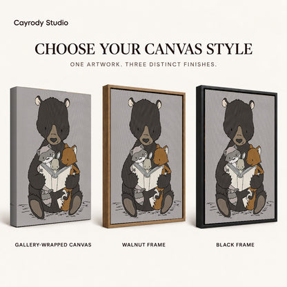 woodland storytime friends canvas art compared across gallery-wrapped canvas, walnut frame, and black frame finishes.